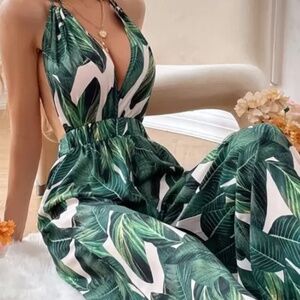 Tropical Print Halter Neck Backless Wide Leg Jumpsuit